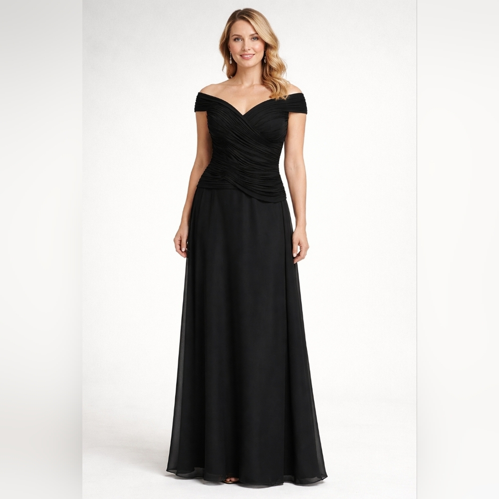 Size 6 black mother of /evening gown slight off shoulder ruched chiffon trumpet